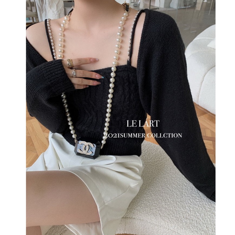 Áo Len Cardigan Dài Tay Hai Dây Đính Ngọc Trai Phong Cách Pháp Cổ Điển Dành Cho Nữ