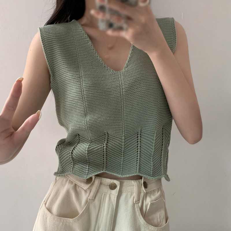 Áo không tay dệt kim cổ chữ V quyến rũ thời trang cho nữ