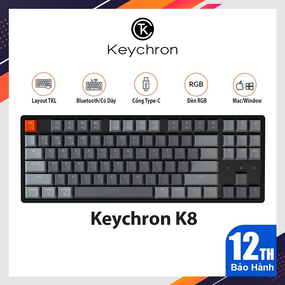 ⚡ Bàn phím cơ Keychron K8 Tặng kèm kệ gỗ kê tay (Hàng chính hãng) - Bảo hành 12 tháng