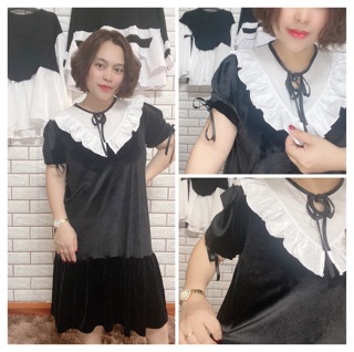 (bigsize) Váy nhung babydoll cổ tiểu thư