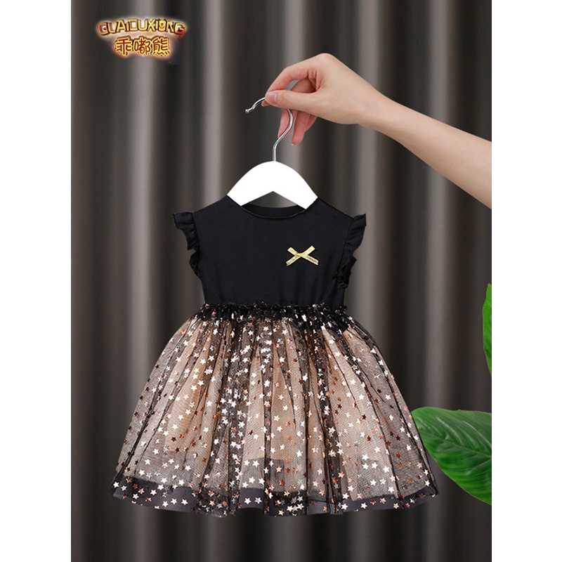 Đầm Công Chúa Chất Liệu cotton Phối Lưới Màu Đen Thời Trang Mùa Xuân Phong Cách Hàn Quốc Cho Bé Gái