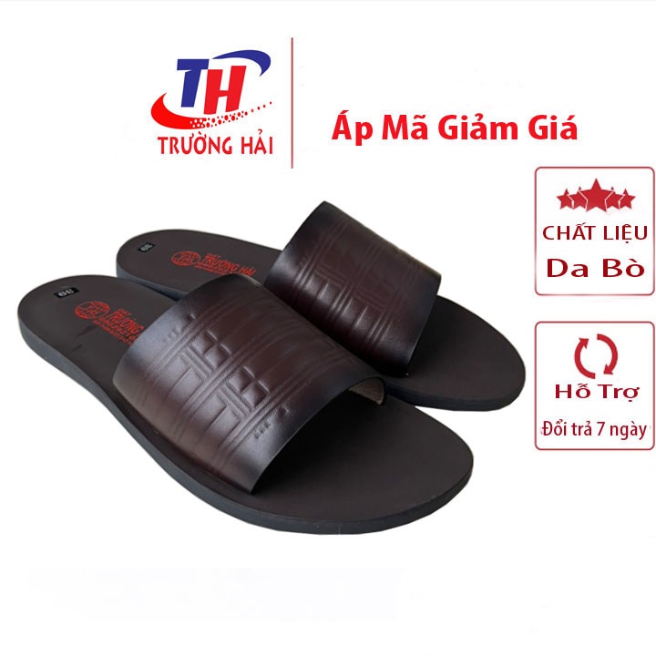 Dép quai ngang nam da bò màu nâu Trường Hải mặt đúc chịu nước
