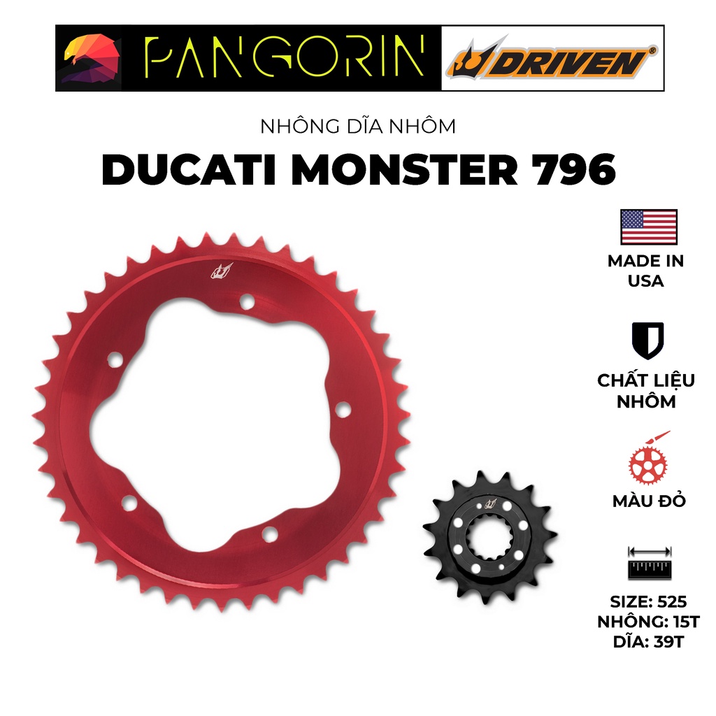 Driven Racing - Nhông dĩa cho xe phân khối lớn mô tô Ducati Monster 796 chất liệu nhôm, màu sắc đỏ