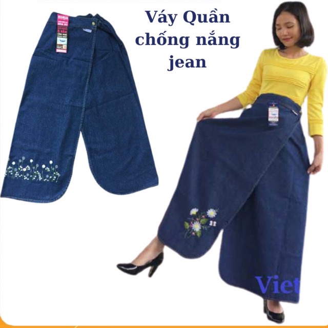 Quần váy chống nắng Jean thêu hoa nút bấm đồng vải bò dày Hoa My