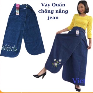 Quần váy chống nắng Jean thêu hoa nút bấm đồng vải bò dày Hoa My