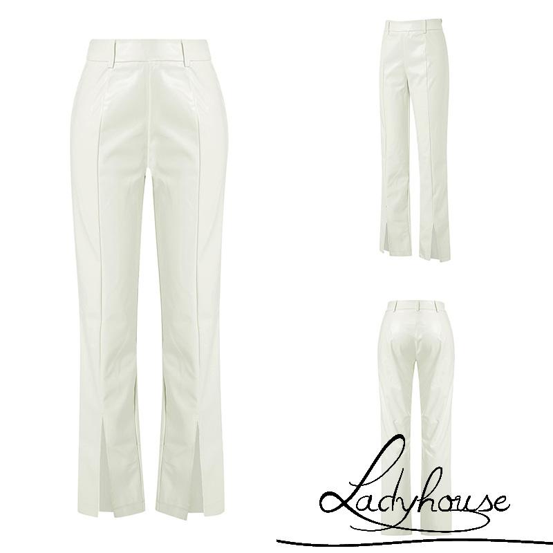 Quần da lưng cao màu trơn xẻ tà thời trang cho nữ