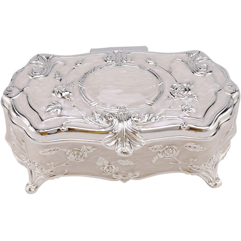 Vintage Jewellery Case Fashion Jewelry Box White Enamel Zinc-Alloy Metal Trinket Box Flower Carved Toothpick Storage