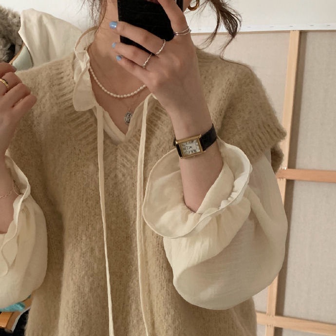 Áo khoác ghi lê dệt kim cổ chữ V dáng rộng nhiều lớp bên trong phong cách Hàn Quốc cho nữ