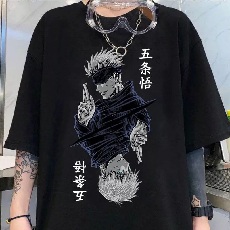 Áo thun Jujutsu Kaisen Gojo Satoru Anime mẫu mới HOT độc chất ngắn tay cổ tròn màu đen