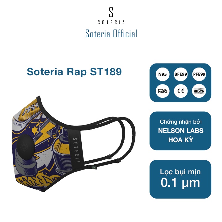Khẩu trang tiêu chuẩn Quốc Tế SOTERIA RAP ST189 - Bộ lọc N95 BFE PFE 99 lọc đến 99% bụi mịn 0.1 micro- Size S,M,L