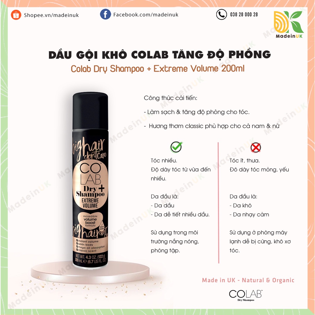 Dầu Gội Khô Colab Tăng Độ Phồng Cho Tóc | Colab Plus Extreme Volume 200ml