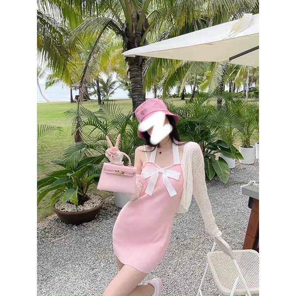 Váy len nơ cổ yếm kèm áo khoác len mongtoghi mỏng siêu xinh
