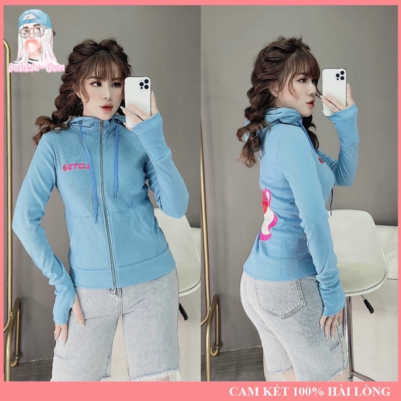 Áo Khoác Nữ Gấu Dâu Chữ Thêu Lưng To Chất Liệu Thun Gân Tay Xỏ Ngón Freesize Dưới 60kg Bubble Gum