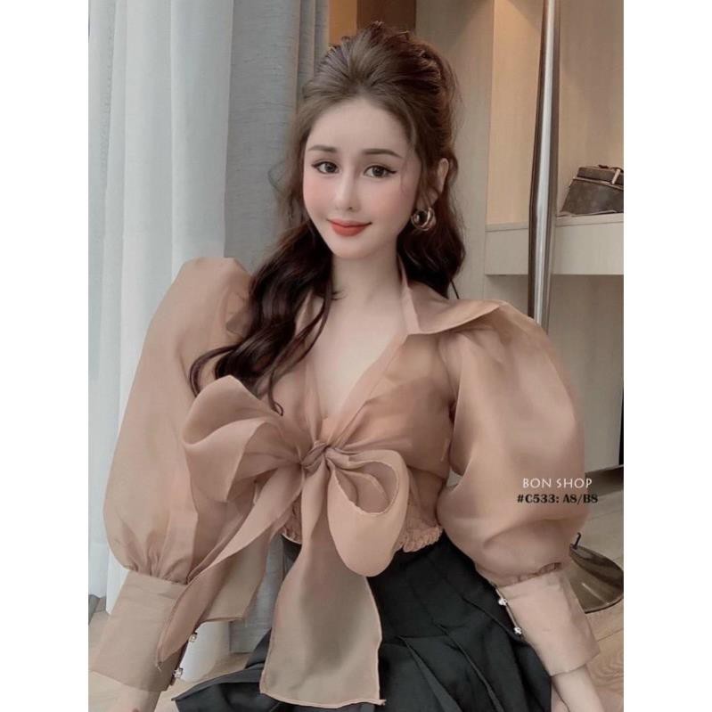 Áo tay phồng voan kiến cột nơ croptop, tăngj kèm áo lot trong - C6U ྇
