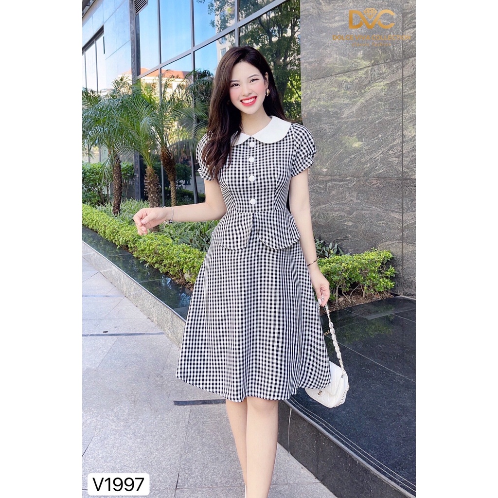Váy xòe kẻ cổ sen thiết kế V1997, đầm caro thiết kế giả set sang trọng