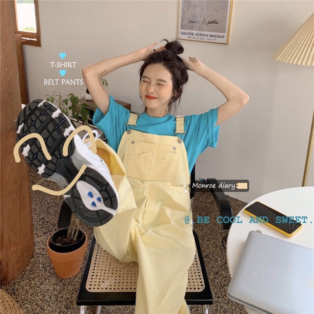 [HOT] ( ảnh thật ) Quần Yếm dài rộng suông màu vàng sữa nhạt/ bơ phong cách ulzzang dễ thương