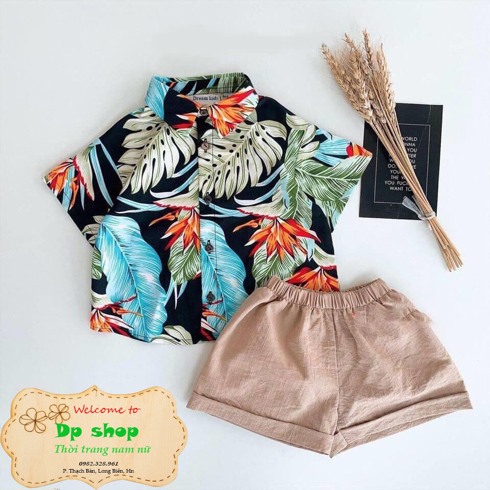 Bộ Đồ Đi Biển Hoạ Tiết Hoa Lá Cực Đẹp Cho Bé - bộ sơ mi cho bé mặc đi học, đi chơi
