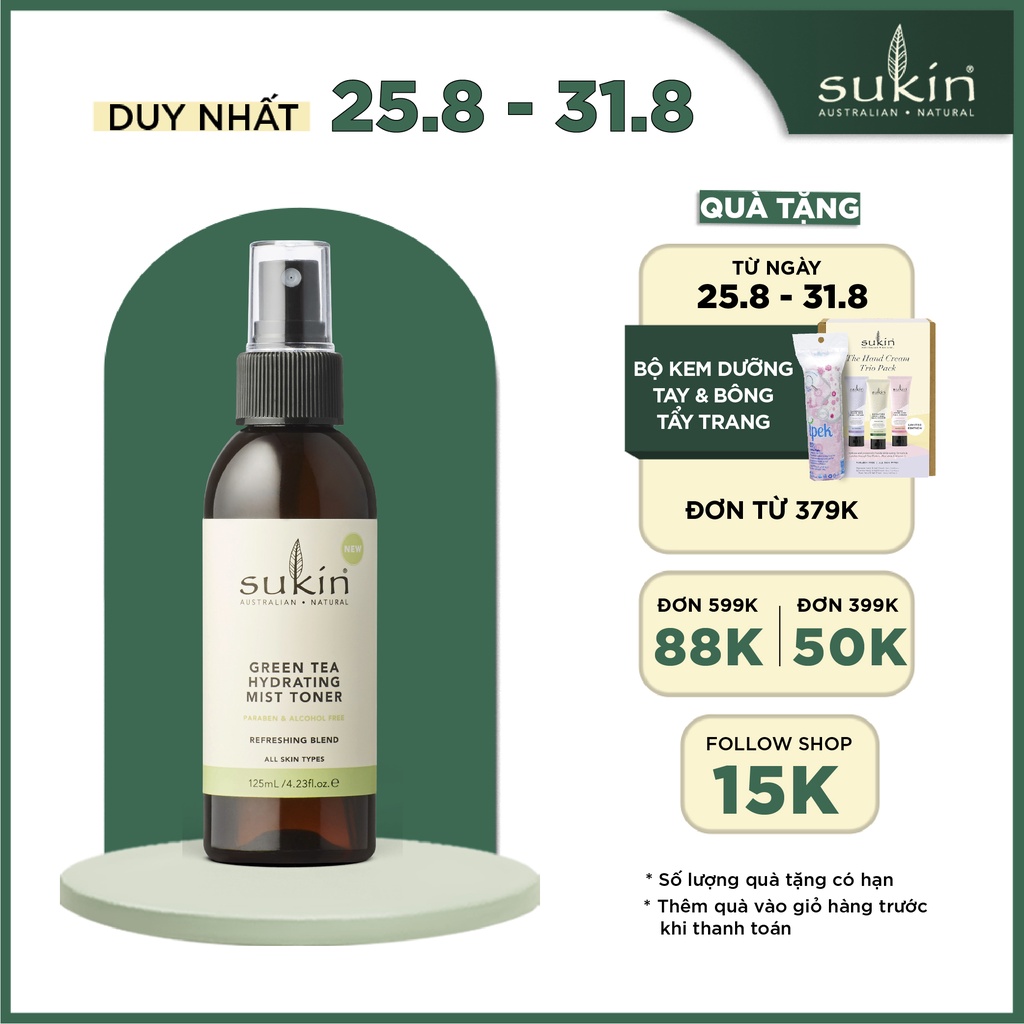 Nước Cân Bằng Dạng Phun Sương Hương Trà Xanh Sukin Green Tea Hydrating Mist Toner 125ml