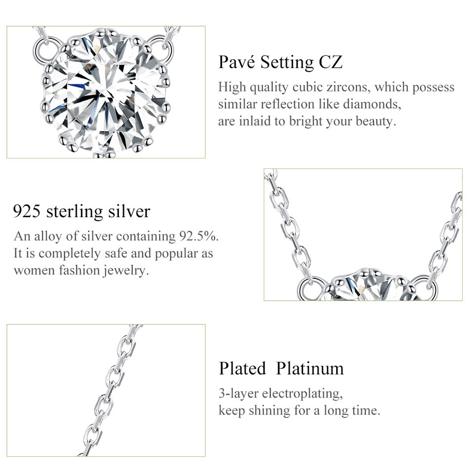 Dây chuyền ngắn Bamoer BSN085 bằng bạc S925 phối mặt đá CZ trong suốt đơn giản thời trang cho nữ