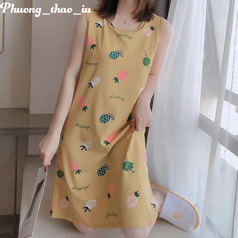 Váy ngủ dáng suông có đệm ngực váy mặc ở nhà mùa hè dễ thương cất thun Cotton mềm mại