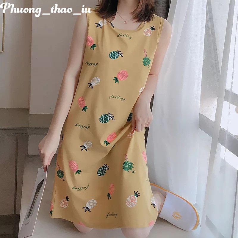 Váy ngủ dáng suông có đệm ngực váy mặc ở nhà mùa hè dễ thương cất thun Cotton mềm mại | BigBuy360 - bigbuy360.vn