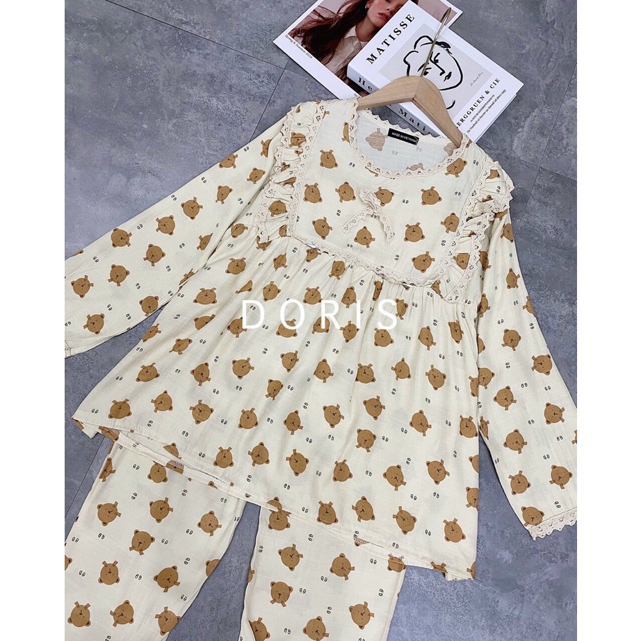 Bộ bầu chất đũi Hàn họa tiết cực yêu-bộ sau sinh thiết kế có khóa cho con ti, quần có chun chỉnh