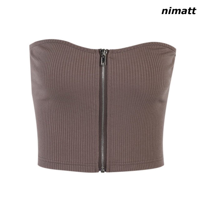 NI Women  Tube  Top Knit Zipper Vest Solid Color Sexy Slim Fit Outer Wear Strapless Crop Top