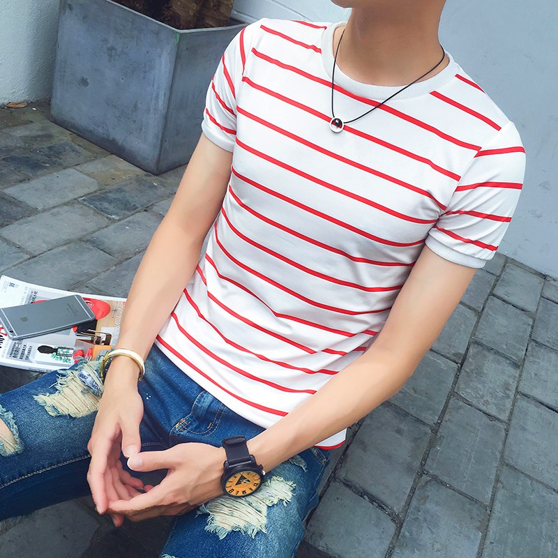Áo thun tay ngắn họa tiết sọc ngang thời trang dành cho nam