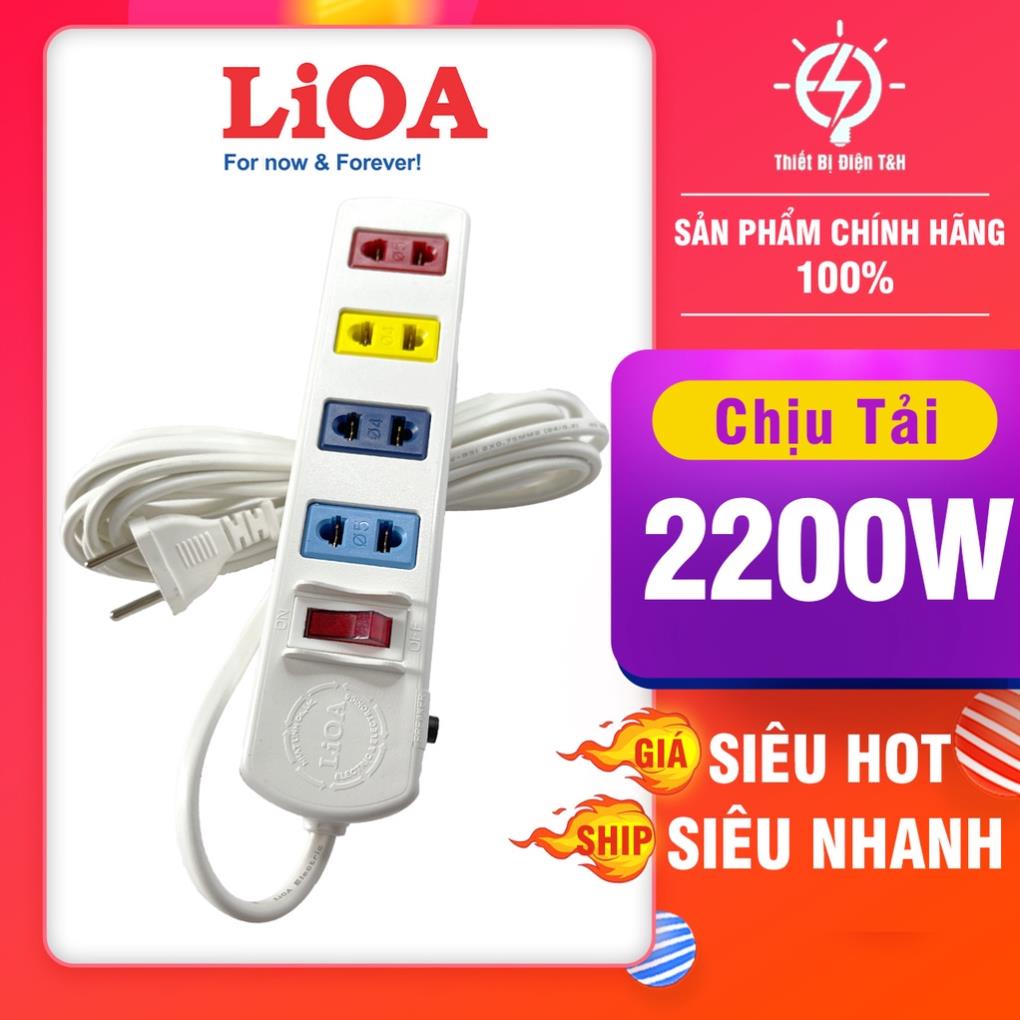 Ổ cắm điện LIOA, 2200W, 4 ổ cắm, 1 công tắc, dây dài 3 mét, 5 mét, 4S3W - 4S5W - Thiết Bị Điện T&H