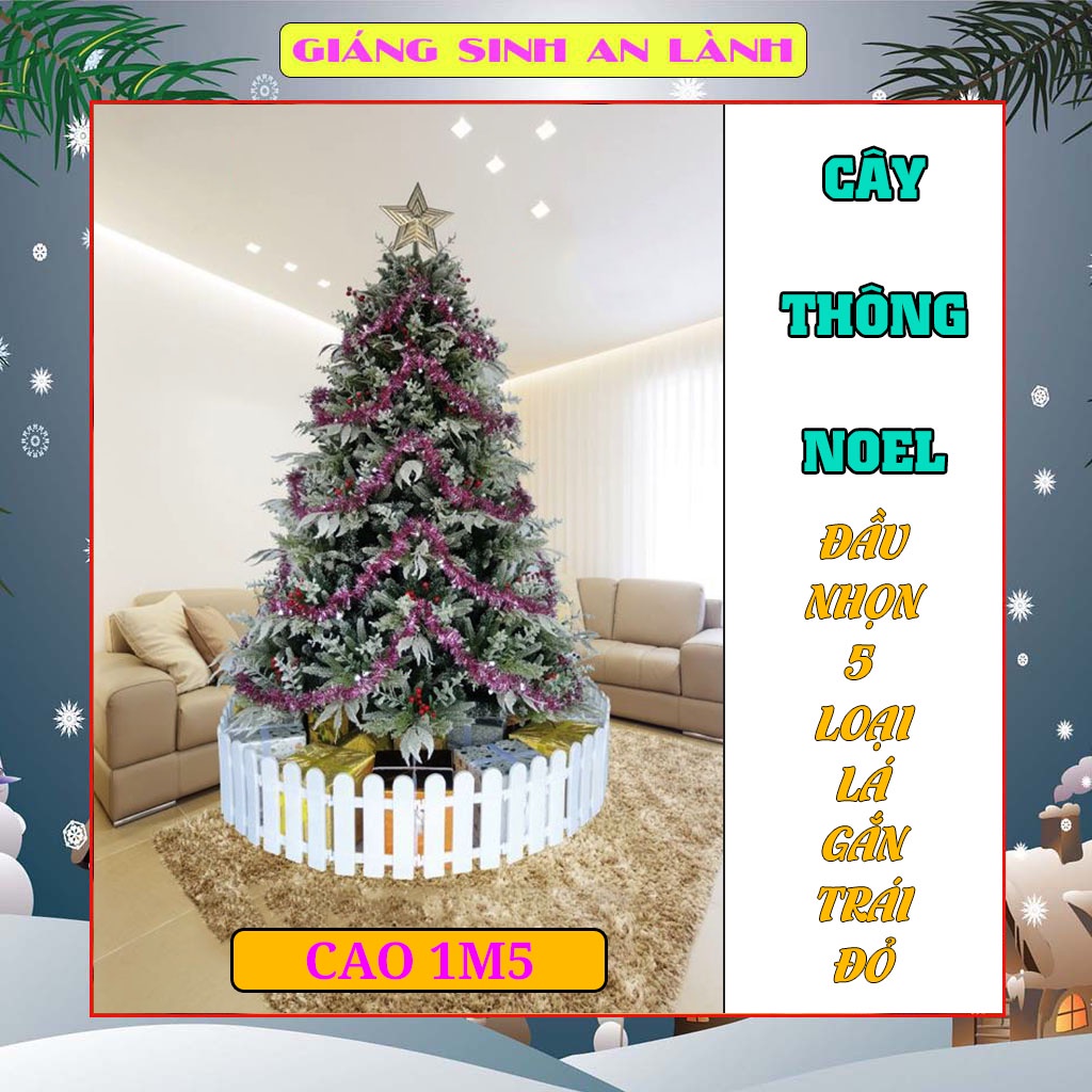 Cây thông noel 1m5 mẫu đầu nhọn 5 loại lá phủ tuyết gắn trái đỏ trang trí phòng ngủ, phòng khách mùa giáng sinh