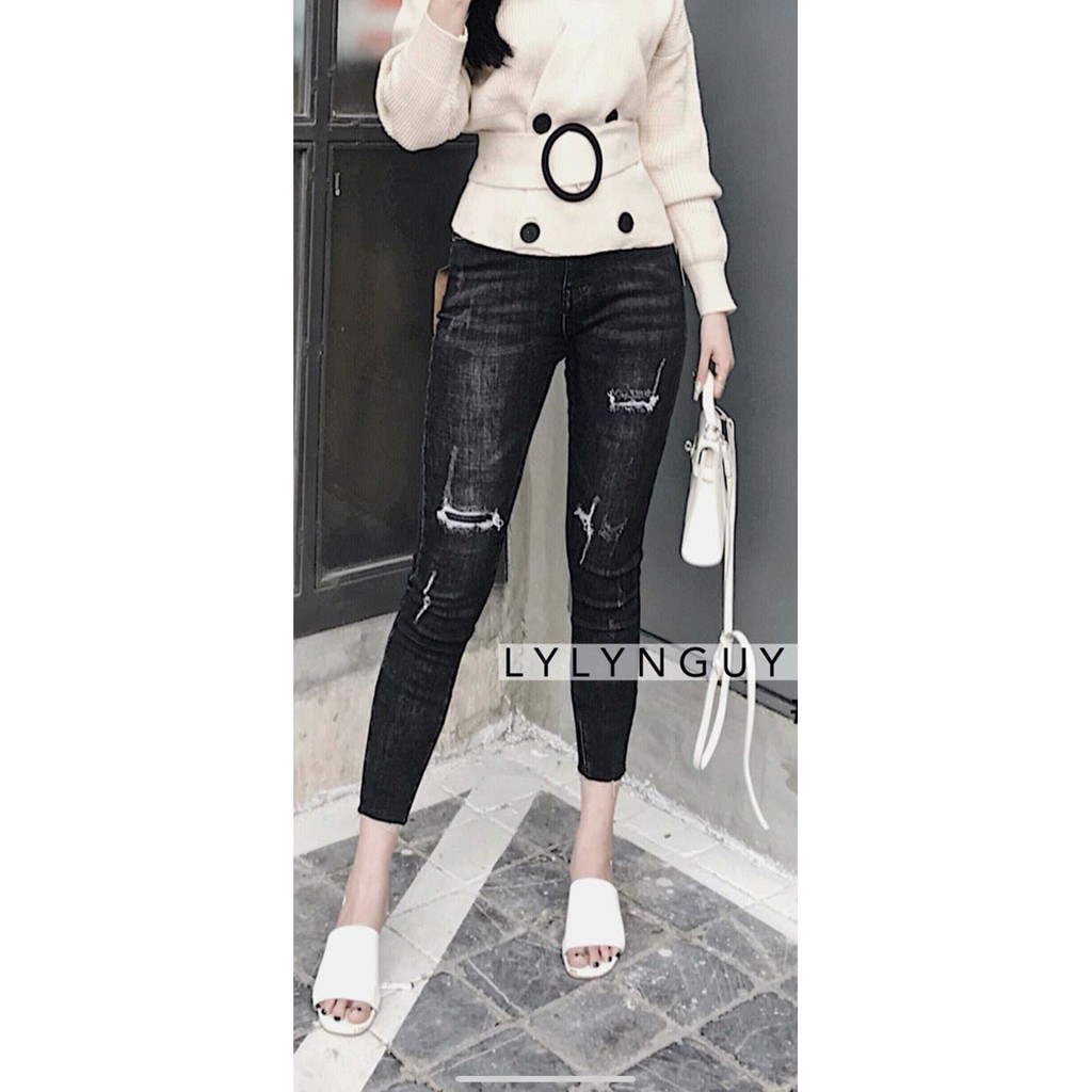 Quần jean dài 9 tấc màu xám lông chuột, lưng cao, co dãn mạnh 2544