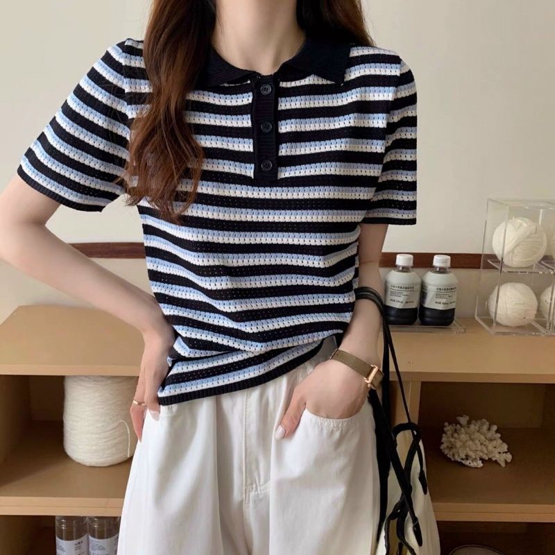 Áo len kẻ ngang khuy cổ bẻ hàng QC
