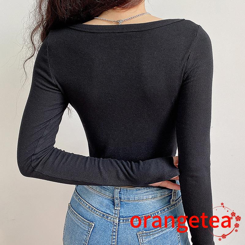 Áo croptop dệt kim tay dài cổ chữ V màu sắc thời trang dành cho nữ