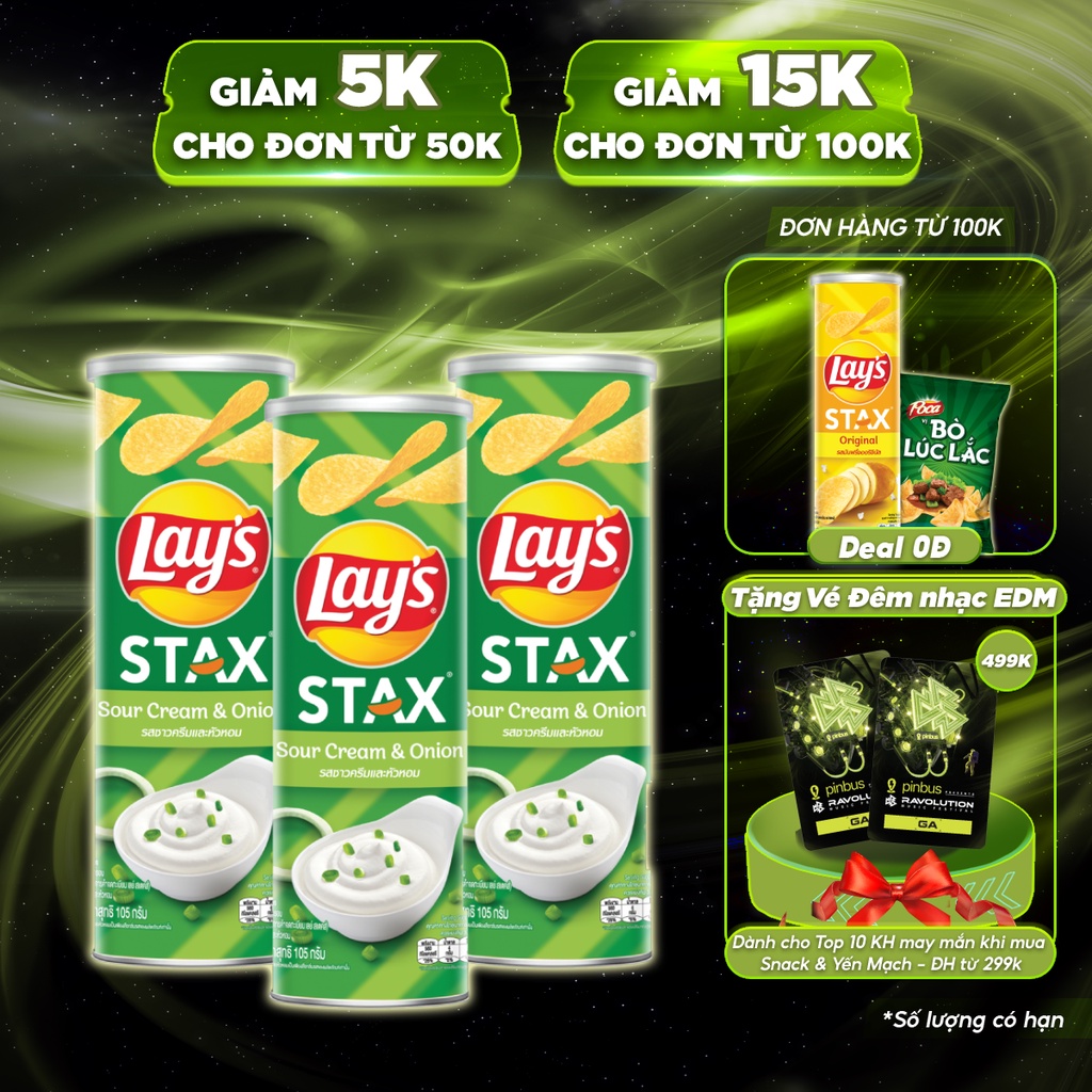 [Mã GRO1APR giảm 20K đơn 150K] Combo 3 Snack Lay's Stax Khoai Tây Nướng Vị Kem Chua và Hành Tây hộp 105G