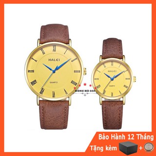 Đồng hồ cặp nam nữ Halei máy Nhật chính hãng dây da cao cấp mặt tròn