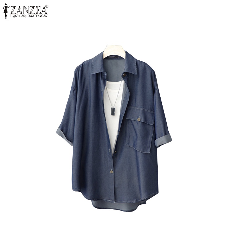 ZANZEA Áo Sơ Mi Denim Tay Ngắn Đơn Giản Dễ Phối Đồ Thời Trang Cho Nữ