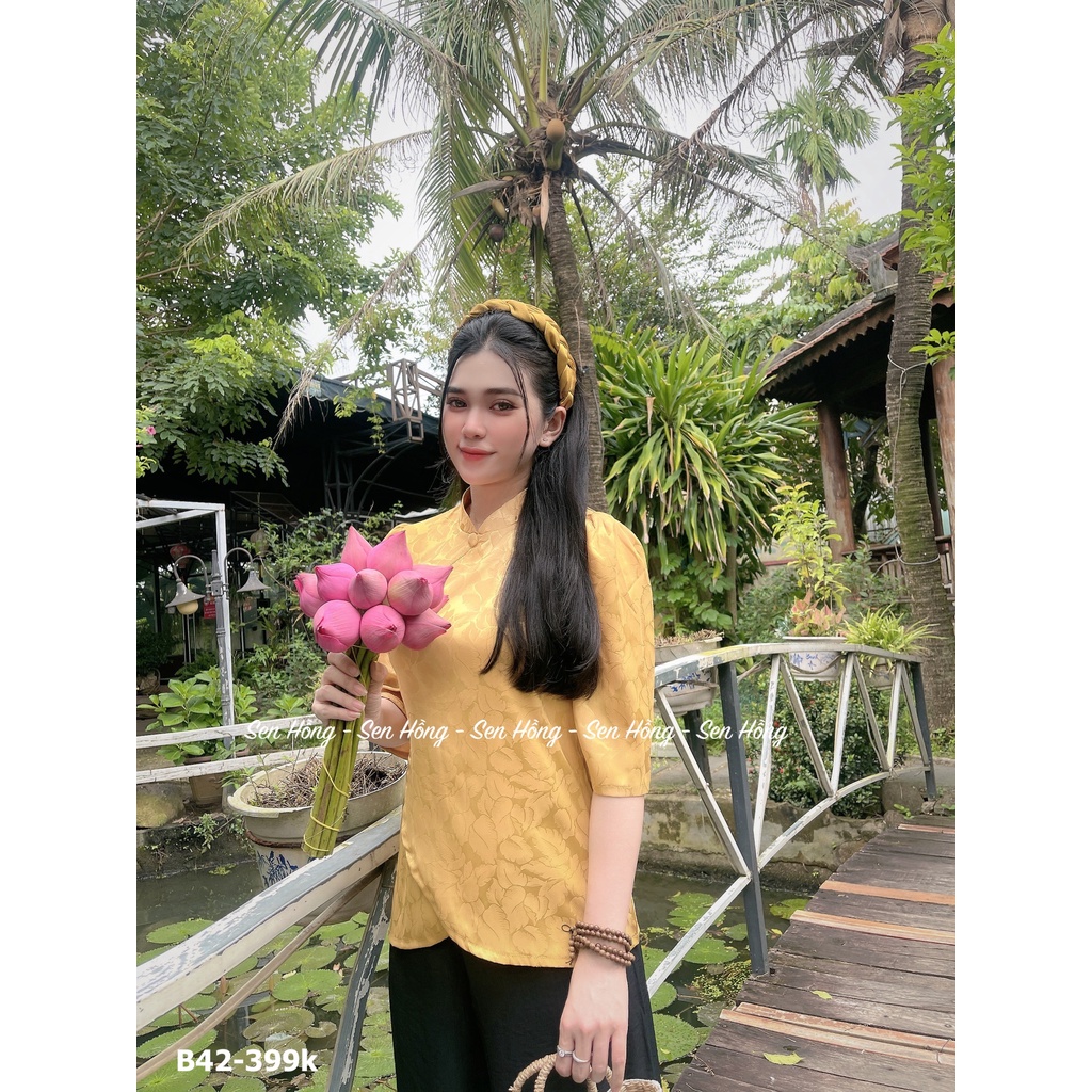 Bộ lụa gấm Phật tử thiết kế vải mềm mịn # đồ lam đi chùa nữ Mẫu cổ tàu vạt chéo xinh xắn # Set đi lễ KÈM QUẦN B42