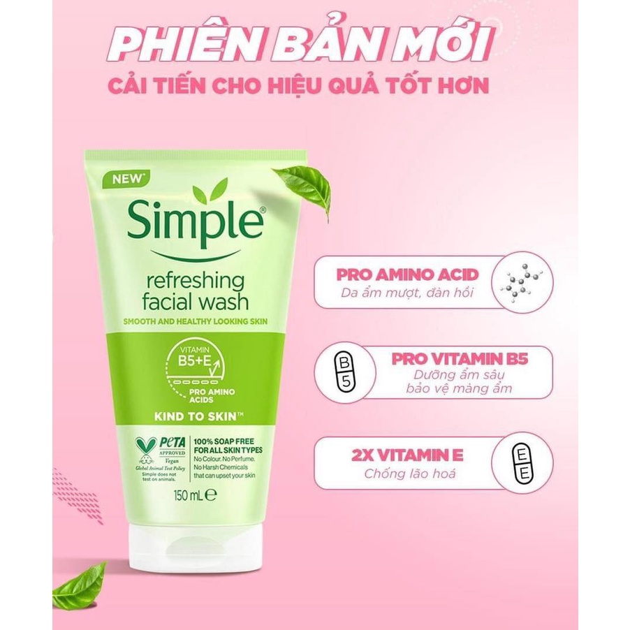 Sữa Rửa Mặt Simple Kind To Skin Refreshing Facial Wash Gel Cho Da Nhạy Cảm 150ml