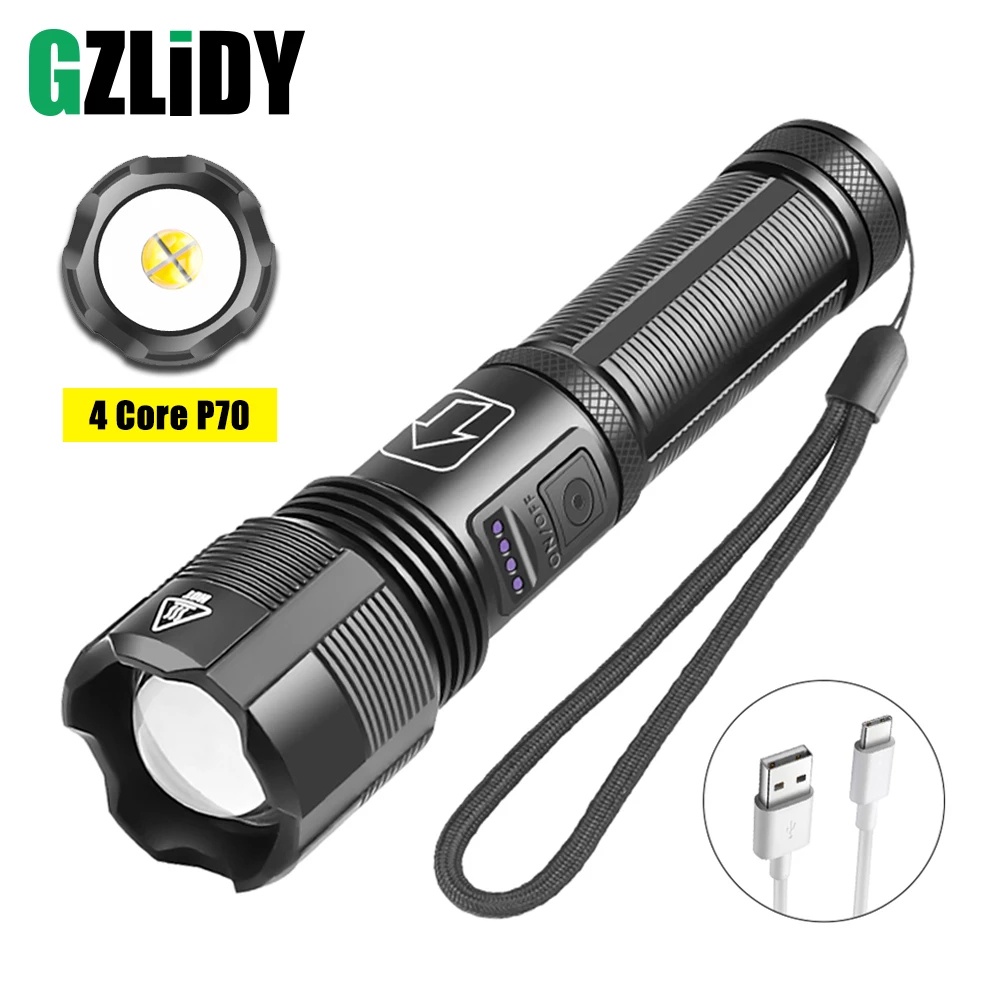 Đèn Pin 4 Lõi XHP70 LED Siêu Sáng Sạc USB 18650
