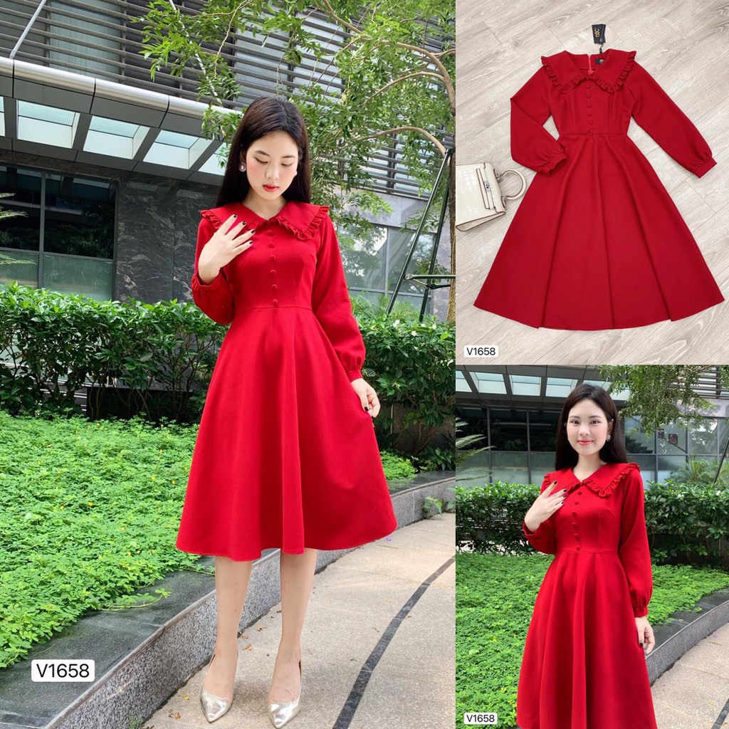 Đầm Xòe 💕 Đẹp DVC 💝 Váy xòe đỏ tiểu thư tay dài V1658