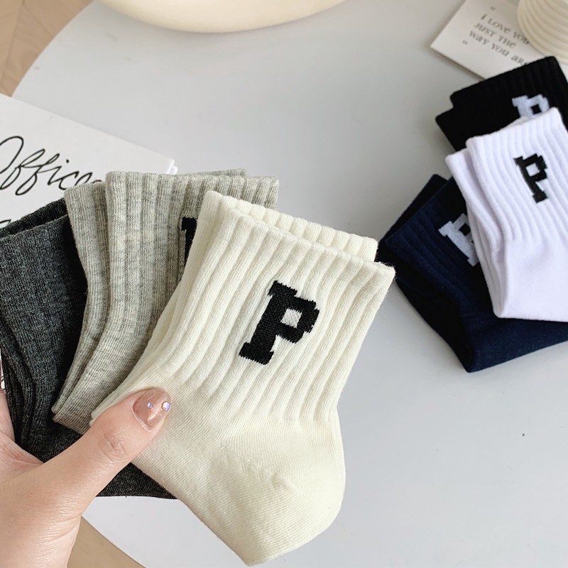 Vớ cotton Cổ Cao Màu Trơn In Chữ Phong Cách Thể Thao Thời Trang Cho Cặp Đôi