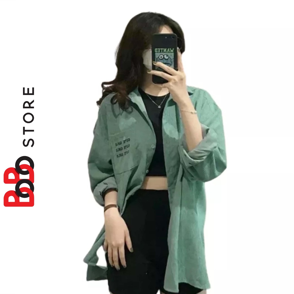 Áo khoác sơ mi nhung tăm có túi oversize dành cho nữ thêu chữ cute girl - BoBo Store