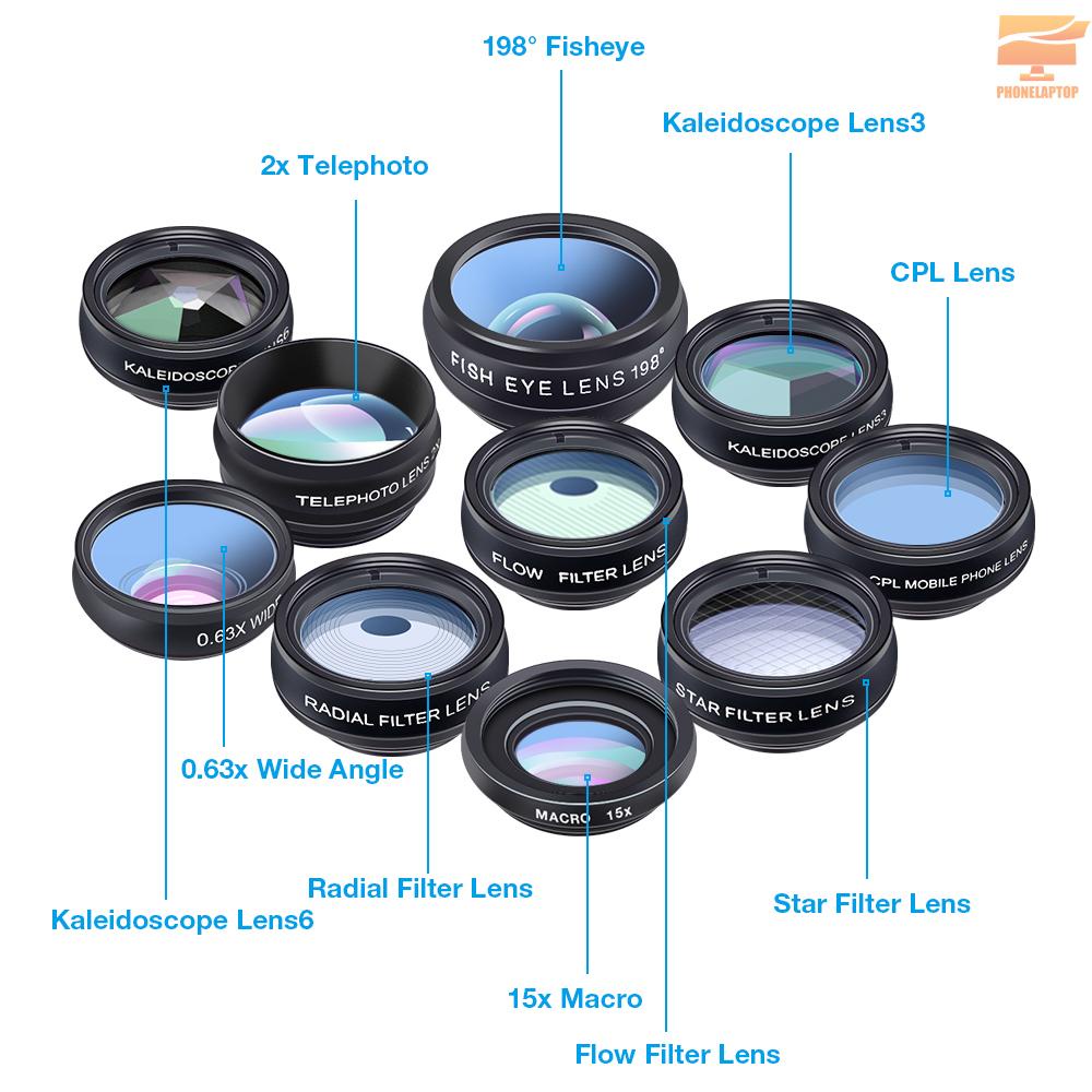 APEXEL 10 in 1 Phone Camera Lens Kit with 0.63X Wide Angle + 15X Macro + 198°Fisheye + 2X Telephoto + CPL + Star Filter + Radial Filter + Flow Filter + Kaleidoscope 3 + Kaleidoscope 6 Compatible with Android iPhone