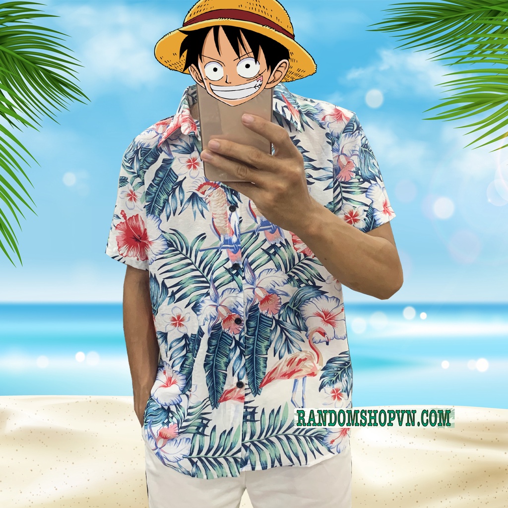 Áo sơ mi hoa lá chim cò đi biển, chất đũi mềm mát nam nữ mặc đẹp
