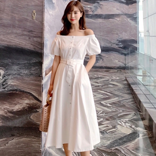 Đầm váy trắng trễ vai kèm belt (kèm hình thật)