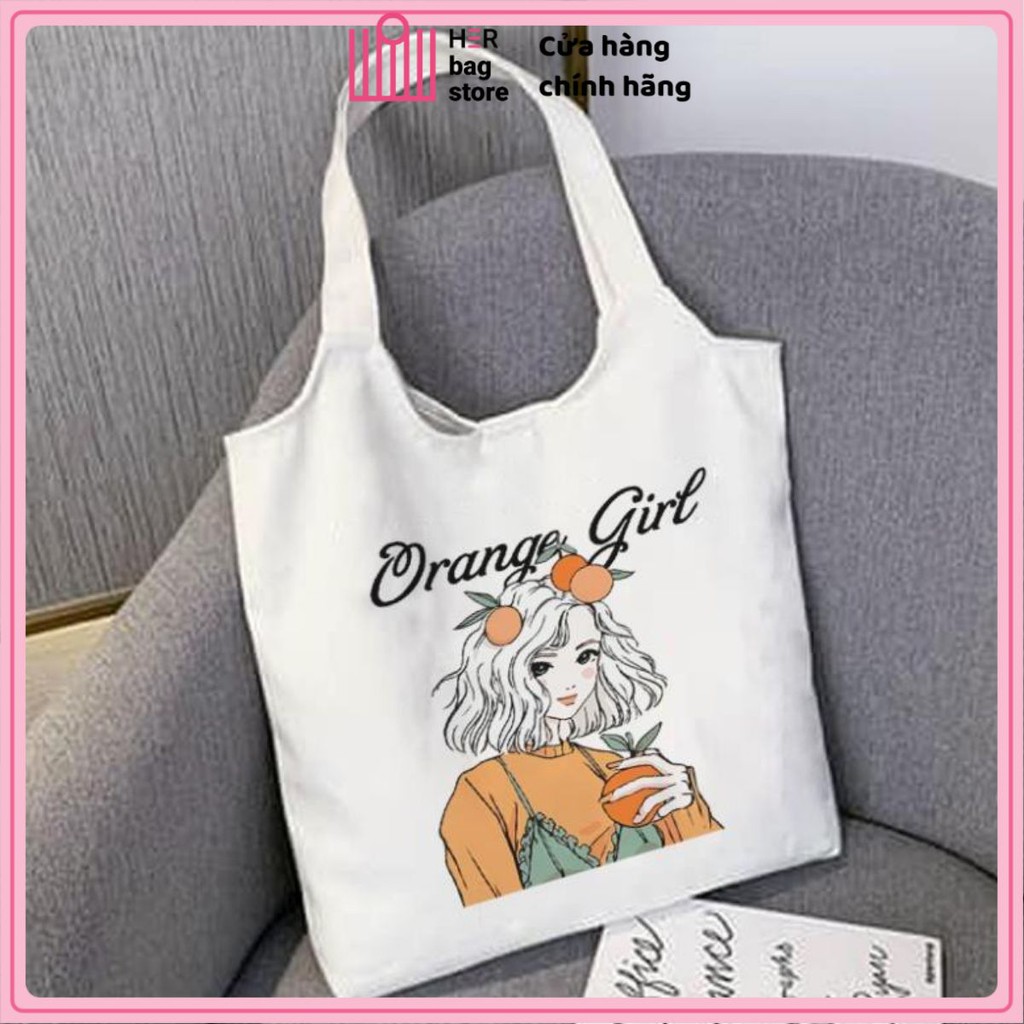 Túi Tote Vải Canvas Nữ Quai Tròn Hàn Quốc In Hình Orange Girl Có Khóa Kéo