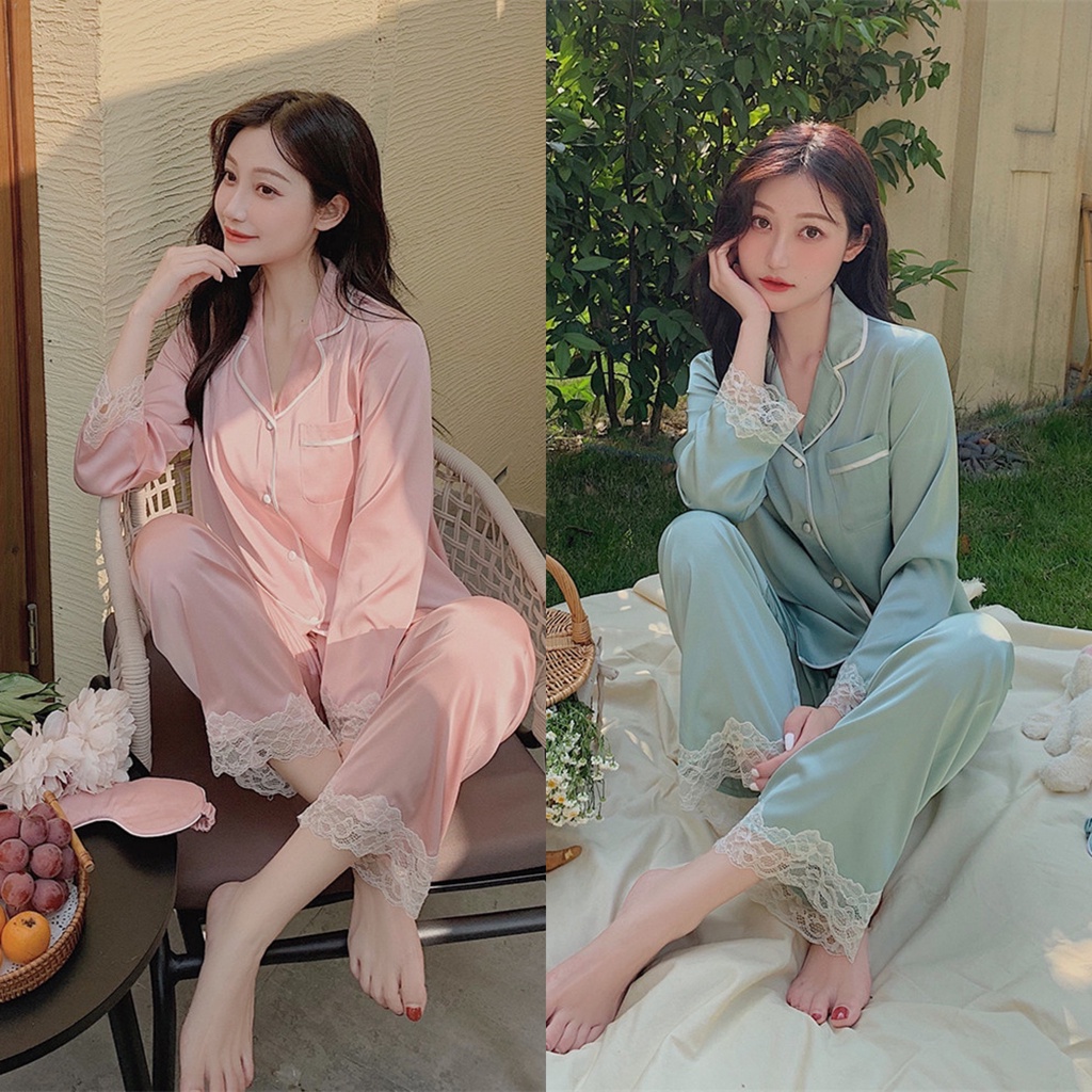 Bộ lụa ngủ nữ  dài tay pha ren tiểu thư cao cấp BN20