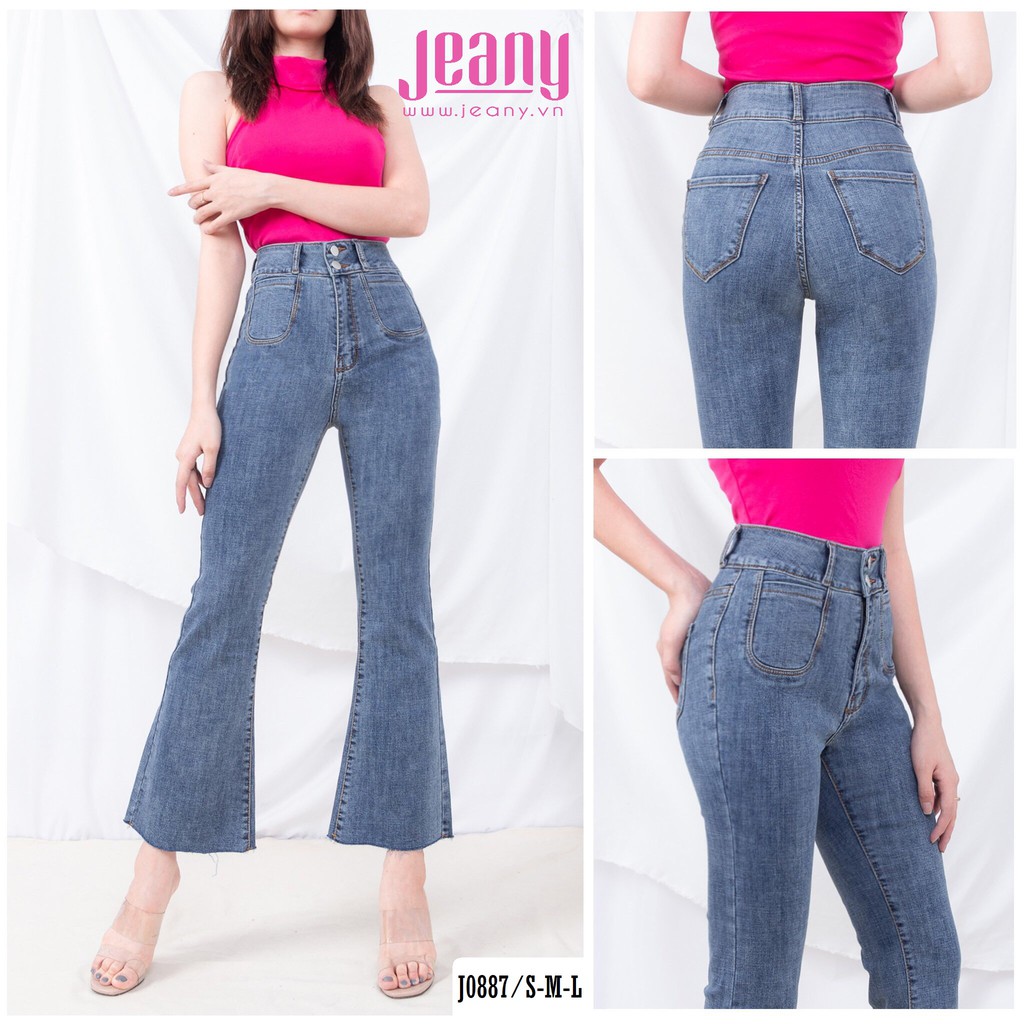 Quần Jean Ống Loe Lưng Cao 2 Nút Màu Xanh Nhạt J0887 - Jeany