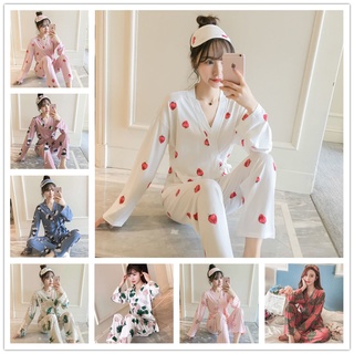 Bộ đồ ngủ kimono tay dài dáng rộng in họa tiết hoạt hình kèm bịt mắt xinh xắn