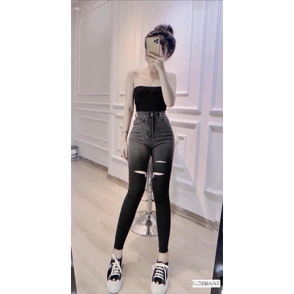 Quần jeans ôm loang đen rách gối co giãn kèm ảnh thật